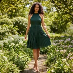 Closet London Green Pleated Midi Dress Shimmer High Neck Tie Back JD8980 US 10